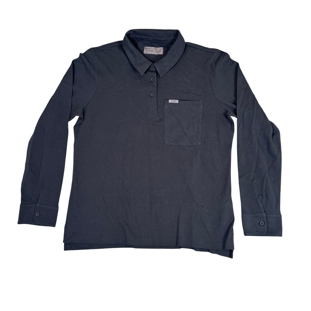 FIGS Tailored Scrubs Black Pima Cotton Long Sleeve Polo Shirt Large W22WW1008